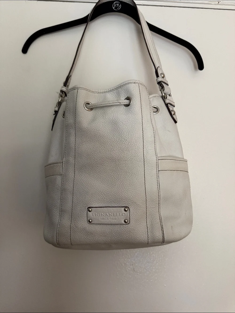 Tignanello White Pebbled Leather Drawstring Hobo